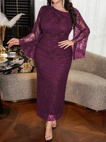 Modelyn Elegant Solid Color Lace Asymmetric Collar Long Sleeve Ruched Fitted Regular Fit Plus Size Dress For Spring And Summer - Purple - View 3