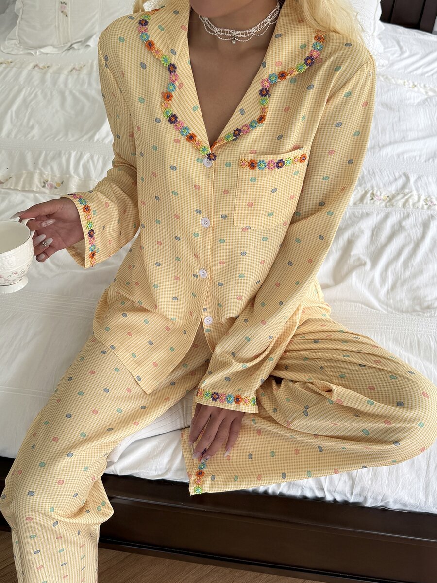 CottageSlumber Soft Sweet Pale Yellow Fine Grid Base Colorful Small Polka Dot Collar Long Sleeve Long Pants Pajama Set - Yellow - View 1