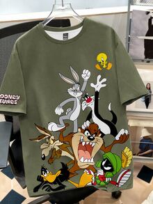 LOONEY TUNES X SHEIN Daypath Men's Plus Size Letter Cartoon Print Crew Neck Short Sleeve Casual T-Shirt - Olive Green - View 2