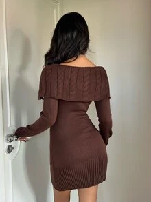 Aloruh Women's Solid Color Button Design Long Sleeve Fitted Fashion Knit Dress - Brown - View 2