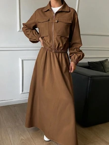 Livesso 女款 2 件套：咖啡棕圓領長袖修身收腰上衣與高腰寬鬆寬腿長褲，秋冬款 - 咖啡棕 - 查看 3