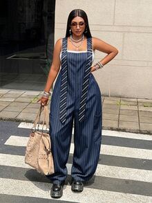 Maweii Plus Size Khaki Striped Adjustable Strap Loose Wide Leg Cargo Overalls, Y2K, Utility Style, Casual Daily Wear, Comfortable Fall - Multicolor - View 6