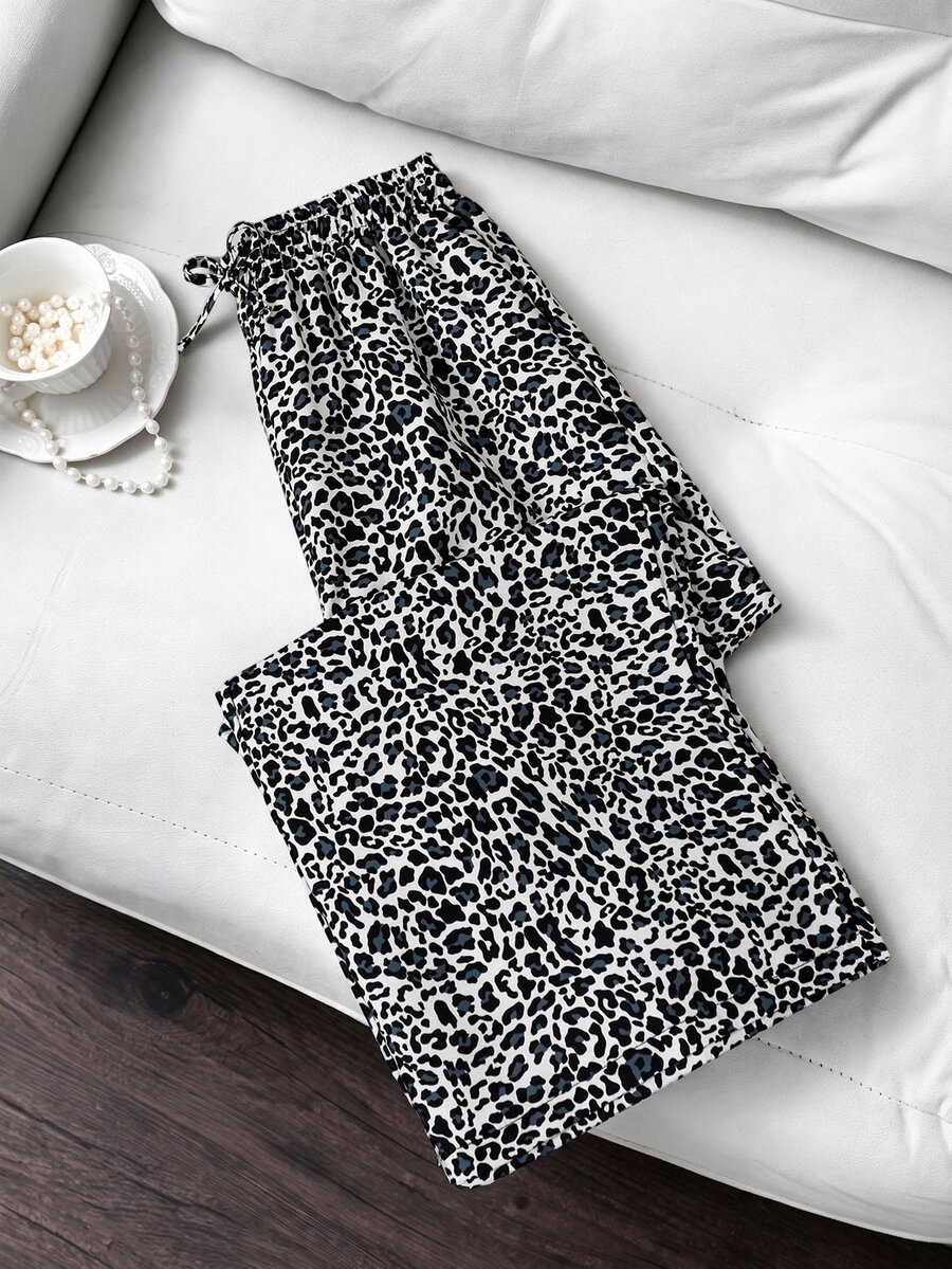Children's New Vintage Style Long Wide Leg Pants, Fall Clothes, Slim Black Leopard Print, Straight Tapered Slim Fit, Drawstring Design - Multicolor - View 1