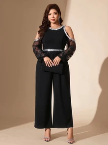 Comfylo Plus Size Elegant Sequin Cold Shoulder Fashion Loose Jumpsuit - Black - View 4