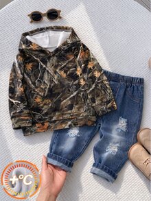 SHEIN 男嬰秋冬保暖內裡加厚楓葉印花牛仔套裝，適合休閒外出 - 軍綠色 - 查看 3