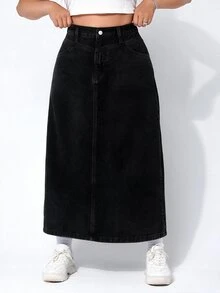 Rivivi Plus Size Casual Denim Skirt, Autumn - Black - View 1