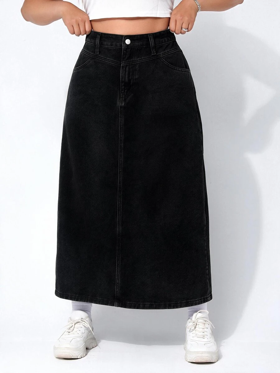 Rivivi Plus Size Casual Denim Skirt, Autumn - Black - View 1