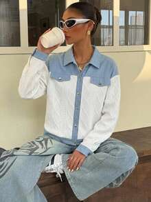 Livesso Women's Single-Breasted Colorblock Casual Daily Denim Jacket - Blue and White - View 5