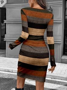 Comfylo Casual Spring Colorblock Ribbed Long Sleeve Fitted Waist Ruched Ribbed Elegant Plus Size Women's Short Dress Autumn/Winter - Multicolor - View 2