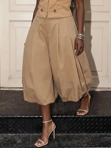 Slaydiva Casual Street Style Khaki Pleated Bubble Mid-Length Tulip Pants Plus Size 7/10 Length - Brown - View 5