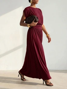 Zivah Gaun Panjang Elegan Wanita Warna Polos Leher Bulat Model Sayap Kelelawar Lengan Pendek - Burgundy - View 5