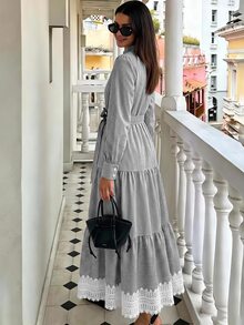 Vivid Eden Gaun Pesta Wanita Colorblock dengan Simpul Pinggang, Gaya Vintage Elegan, Cocok untuk Acara Santai, Minum Teh, dan Pesta Musim Gugur dengan Garis-Garis Hitam Putih. - Hitam dan Putih - View 2