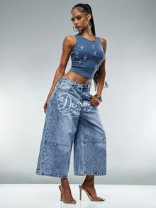 Denimoi Celana Jeans Denim Kasual Wanita untuk Perjalanan Sehari-hari dengan Saku, Kancing, dan Motif Huruf - Biru - View 4