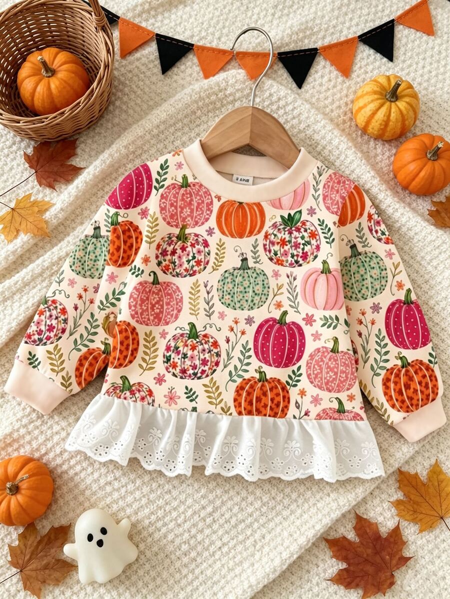 1pc Baby Girl Casual Fashion Simple Sweet Cute Halloween Leopard Print Pumpkin Pattern Round Neck Long Sleeve Ruffle Hem Pullover Top, Suitable For Autumn/Winter - Multicolor - View 1
