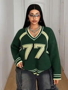 Maweii Sweater Pullover Wanita Ukuran Besar, Nomor 77, Gaya Akademik, Musim Wisuda, Musim Gugur/Dingin - MultiWarna - View 2