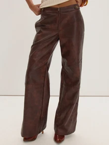 MUSEYN Deep Red PU Pants Versatile Everyday Casual Fall - Coral Red - View 2