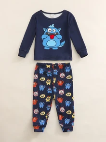 Cozy Pixies Set Piyama Bayi Laki-laki Pas Badan, Motif Kartun Gelap, Atasan Pullover Lengan Panjang Leher Bulat Rajut Lembut dan Celana Panjang Pinggang Elastis, Set 2 Potong - MultiWarna - View 6