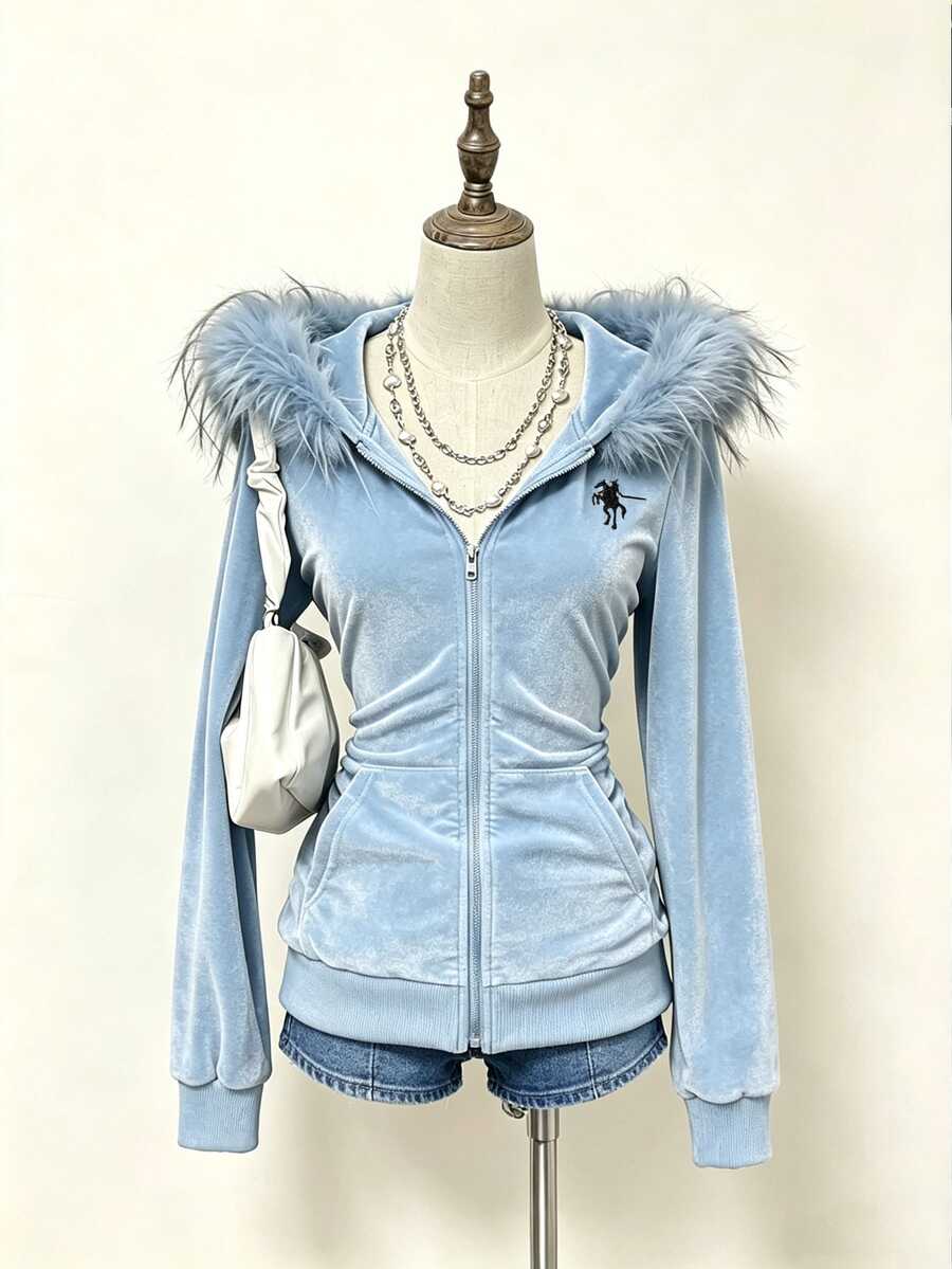 Elamini 女款騎士刺繡拉鍊門襟拼接毛皮連帽夾克 - 淺藍色 - 查看 1