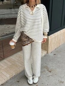 DAZY Women's Striped Colorblock Long Sleeve Top And Pants Knit 2 Pieces Set - Beige - View 5