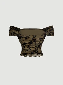 SHEIN MOD Plus Size Autumn/Winter Brown Flocked Print Crop Top, Vintage Court Style, Retro Daily Wear, Casual Holiday Outfit For Girls - Army Green - View 2