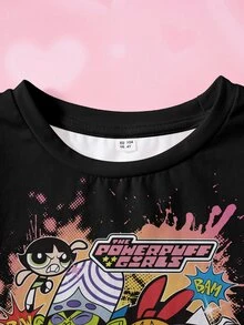 THE POWERPUFF GIRLS X SHEIN Young Girl Letter Cartoon Print Casual Daily Short Sleeve T-Shirt - White - View 3