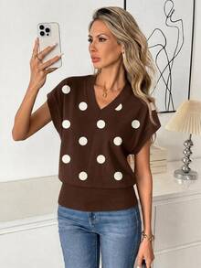 Comfylo Casual Minimalist Women's V-Neck T-Shirt With Polka Dot Print Pattern, Versatile - Multicolor - View 5
