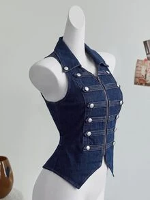 Elamini Women's Denim Napoleon Vest Jacket - Blue - View 4