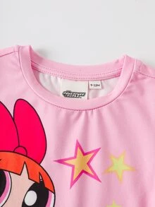THE POWERPUFF GIRLS X SHEIN Baby Girl Round Neck Short Sleeve Casual Romper - Pink - View 3