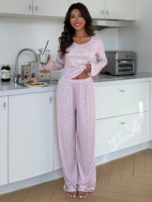 ZzzCrew Polka Dot Print Long Sleeve Long Pants Pajama Set - Pink - View 3