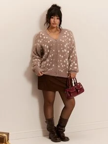 CovetEZ Autumn/Winter Christmas Reindeer Pattern Plush Soft Casual Plus Size Cardigan, Suitable For Halloween And Christmas Wear - Brown - View 6