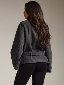 Athîral Vintage Style Solid Color Double-Breasted High Neck Women's Jacket, Autumn/Winter Commuter Women's Coat, Front Placket With Metal Buttons, Suitable For Back To School, Concerts, Casual Versatile, Napoleon Style - Dark Grey - View 2