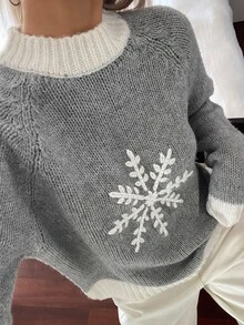 DAZY Women's Colorblock Snowflake Jacquard Loose Long Sleeve Casual Retro Christmas Korean Style Fall/ Pullover Knit Sweater Everyday Grey - Grey - View 7