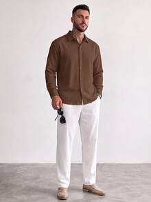TONEVAULT Men's Solid Color Casual Versatile Long Sleeve Shirt For Daily Wear - Coffee Brown - View 5
