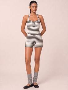 SHEIN BAE Women's Striped Casual Daily Wear Halter Neck Sports Romper - Baby Blue - View 6