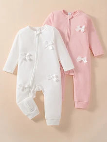 SHEIN 2件裝女嬰長袖連身衣，可愛甜美粉色與白色，蝴蝶結緞帶，圓領，常規款，適合秋季假期派對，前開拉鍊 - 彩色 - 查看 8