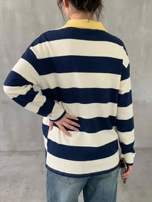 DAZY Patchwork Color Block Striped Loose Long Sleeve Lapel Collar Casual Daily Vacation Spring Autumn Maternity T-Shirt - Blue - View 2
