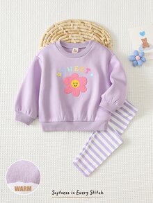 Cozy Pixies 女嬰字母與花卉印花長袖衛衣與運動長褲休閒日常套裝 - 紫色 - 查看 2