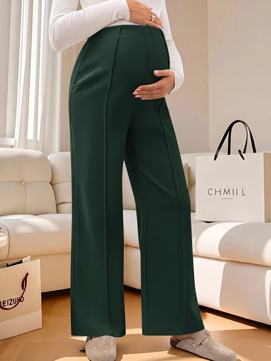 SHEIN 孕婦純色休閒百搭日常穿著長褲 - 墨綠色 - 查看 1