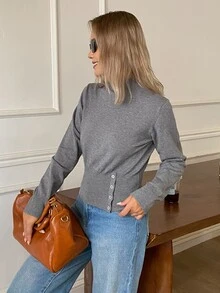 DAZY Women's Solid Color Fitted Waist Button Half-High Neck Long Sleeve Casual Holiday Korean Street Style Autumn/Winter Knit Sweater - Grey - View 6