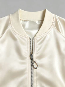 GlowEve CURVE Women's Apricot Satin Baseball Jacket, Solid Color Without Print, Ribbed Crew Neck, Long Sleeve Ribbed Cuffs, Ribbed Elastic Waistband, Light Luxury Casual Style, Minimalist Commuter Style, Suitable For Daily Commute, Casual Shopping, Short Trips, Can Be Worn As Inner Layer Or Outerwear - Apricot - View 3