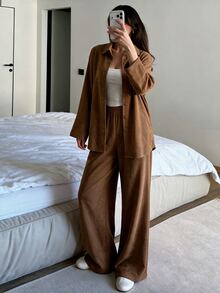 Modelyn 女款長袖斜紋織布鈕扣休閒通勤上衣與直筒褲兩件套 - 棕色 - 查看 4