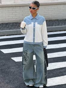 Livesso Women's Single-Breasted Colorblock Casual Daily Denim Jacket - Blue and White - View 7