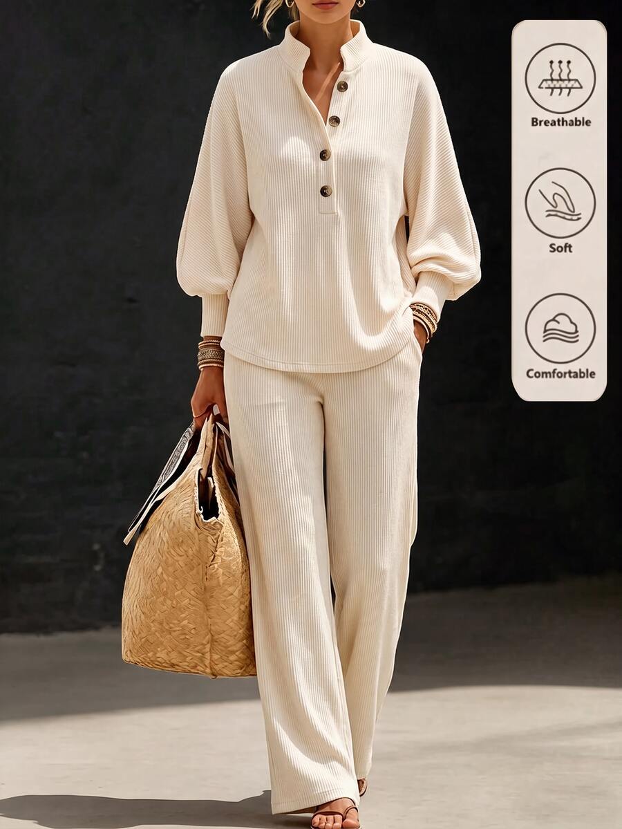 Zayélia Off-White 羅紋居家休閒套裝,鈕扣開領上衣搭配泡泡袖,配寬鬆寬腿長褲 - 彩色 - 查看 1