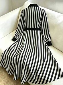 GlowEve CURVE Plus Size Casual Striped Colorblock Long Sleeve Dress - Black and White - View 2