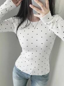 DAZY 女款波點圖案長袖商務休閒套頭毛衣 - 黑與白 - 查看 3