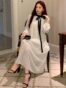 DAZY 春夏秋女款寬鬆A字中長洋裝，彼得潘領，泡泡短袖，黑色蝴蝶結，白色雪紡 - 米色 - 查看 5