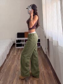 Muchica 女款休閒日常穿著牛仔褲，附口袋與鈕扣設計 - 軍綠色 - 查看 5