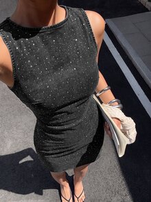 Firerie Women's Elegant Vacation Sequin Pleated Denim Dress - Black - View 6