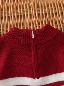 SHEIN Vintaside Kids Baby Boy Striped Zipper Half-Placket Long Sleeve Casual Sweater - Red - View 4