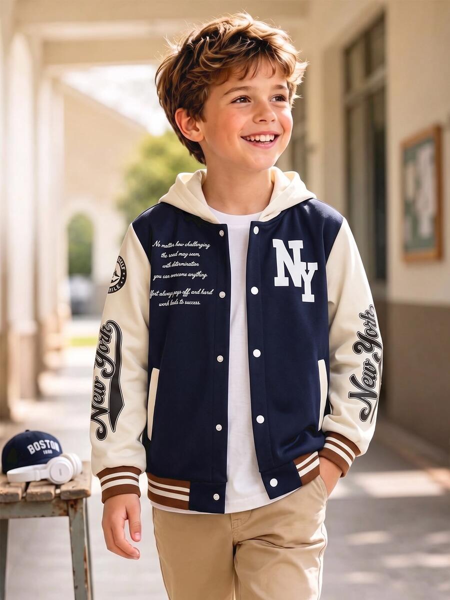 SHEIN Boys' Autumn/Winter Fleece Hooded Letter Print Jacket, Campus Jacket, Sports Jacket - Navy Blue - View 1